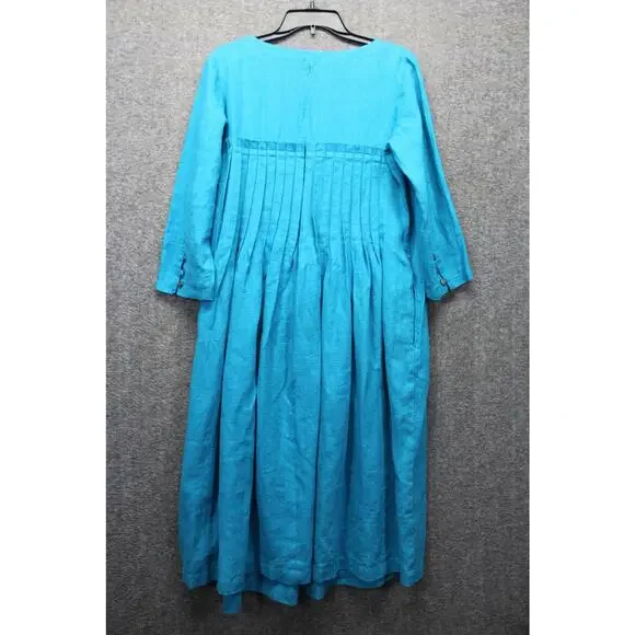 Linen Gallery Dress Womens 12 Midi Pintuck Teal 3/4 Sleeve - Picture 2 of 6